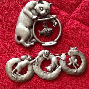 Lot of Two Pewter Jonette Jewelry Co., J.J. Cat Brooch/Pins